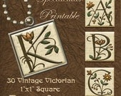 INSTANT DOWNLOAD-1x1 Inch Square Digital Collage Sheet - Chocolate Colored Monogram Images with Orange Flowers SQ2001