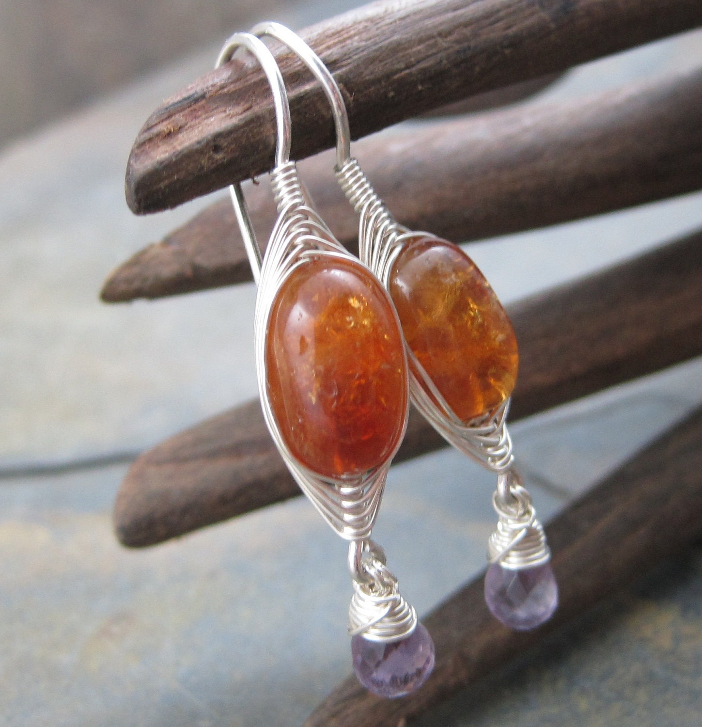 Honey Citrine and Amethyst Briolette Dangles- Sterling Silver Hooks