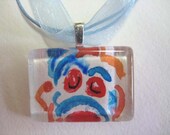 SALE Clown, Watercolor, Glass Tile Pendant Necklace, Circus OOAK, Clown, Whimsical,