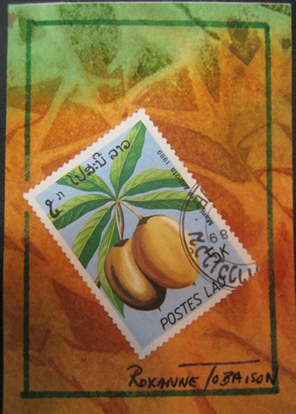 Tropical Fruit International Stamp Collage ACEO original waterscolor 156 watercolorsnmore OOAK
