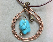 Turquoise nugget Pendant necklace wire wrap vintage nontarnished Bronze & Copper OOAK unique