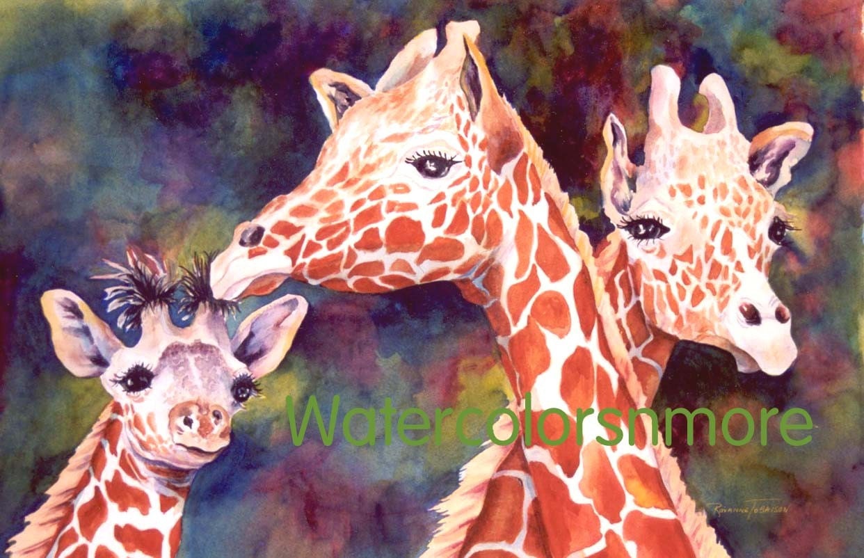 Giraffes Watercolor 8 x 11 Print matted Africa zoo giraffe Decorative art animals orange whimsy jewel tone