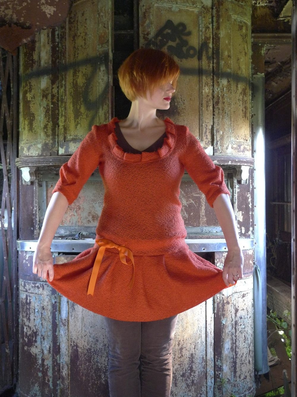 meerwiibli orange knit pleated dress size medium fits most - FREE SHIPPING - meerwiibli