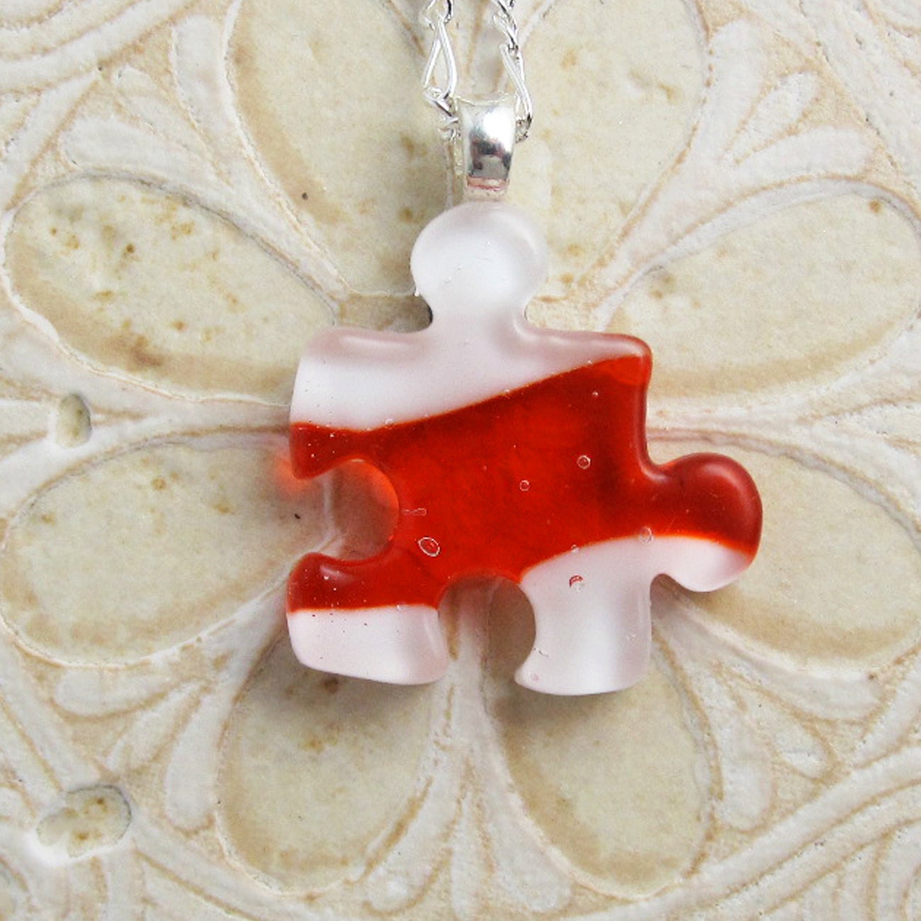 Puzzle Pendant Fused Glass White Orange DGP-159