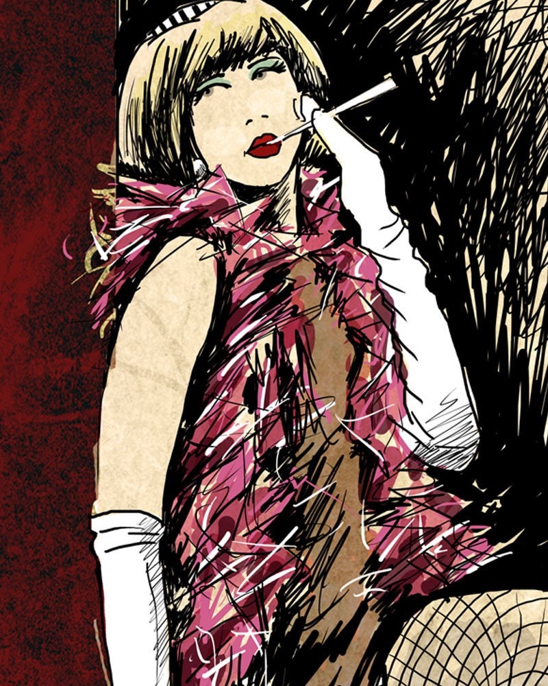 Waiting Roaring 1920s Diva with Fishnet Stockings Fashion Hand Signed Art Print size 8 x 10