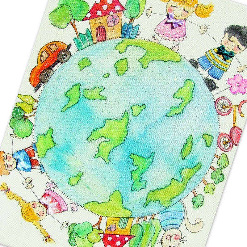 Kid's Wall Art Canvas - Children Of The World - OOAK baby Nursery decor,  kids room decor, children wall hanging, watercolor painting
