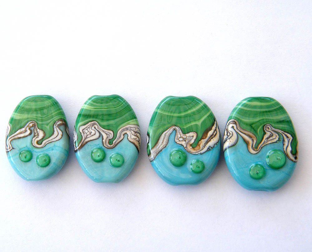 Handmade glass beads - 4 pressed Lampwork beads / pendants in turquoise, green and silvered ivory
