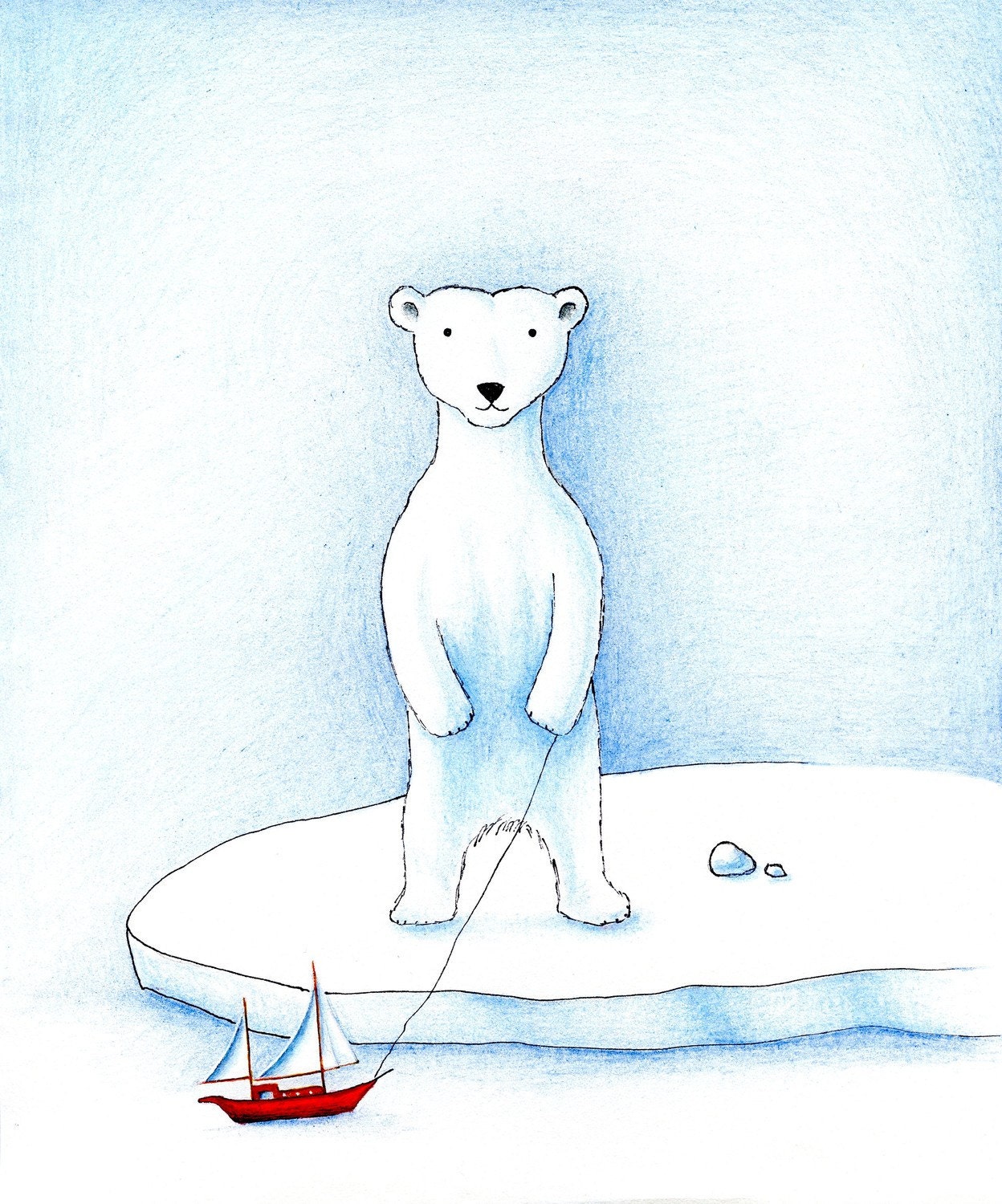Jack, the Polar Bear with Toy Boat 5 x 7 Print with 11 x 14 Double Matte by SBMathieu