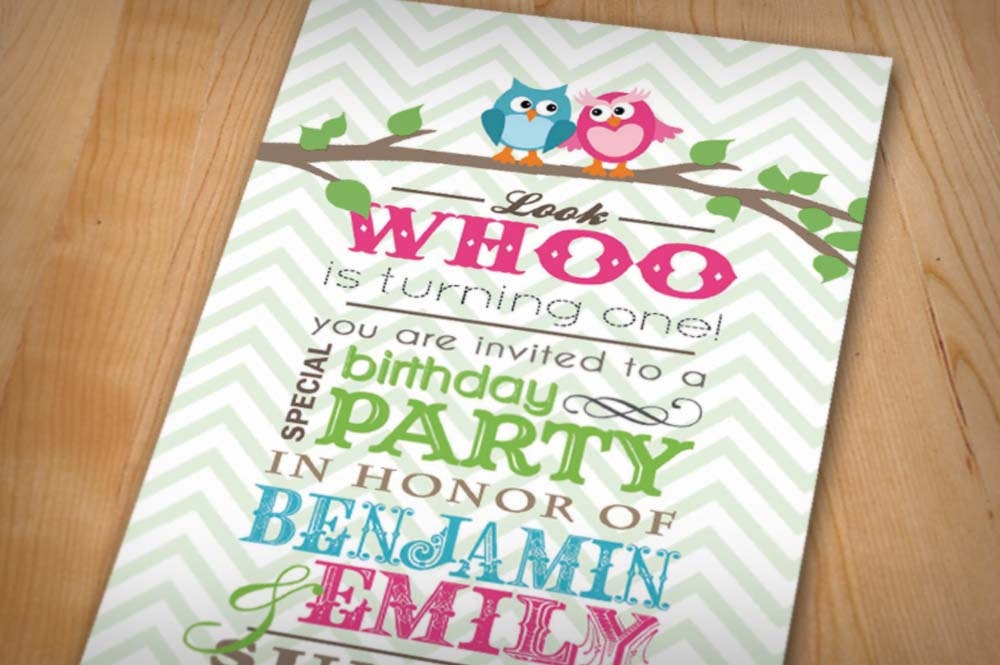 TWIN OWL Birthday Party Printable Invitation in Teal and Pink