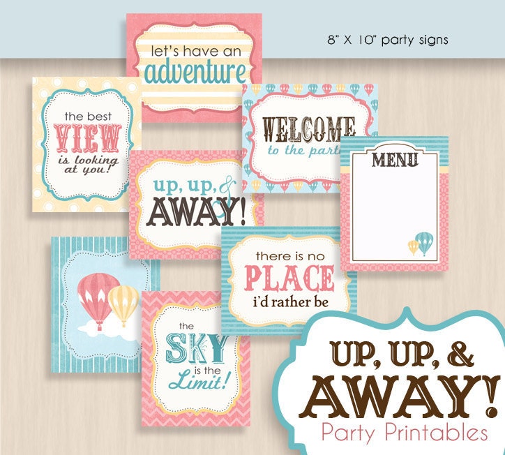 HOT AIR BALLOON Baby Shower Printable Package in Coral- Instant Download