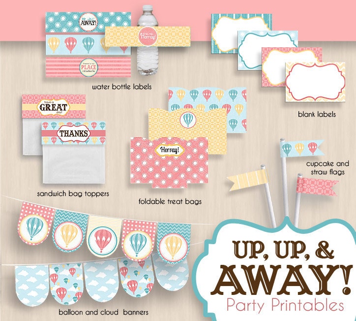 HOT AIR BALLOON Baby Shower Printable Package in Coral- Instant Download