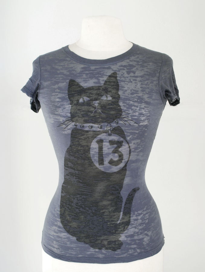 Black Cat T-Shirt - Women's Graphic Printed Charcoal Burnout Tee - Unlucky "13"