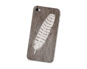 Wood Iphone Skin 4S - Gadget Decal - Iphone 4S Skin - Tribal Southwest Feather White and Brown Cell Phone Skin - fieldtrip