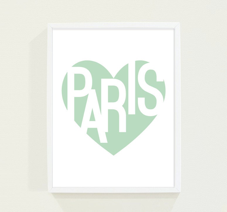 Paris Mint Green Pastel Heart Typography Print - Paris Poster Wall Art