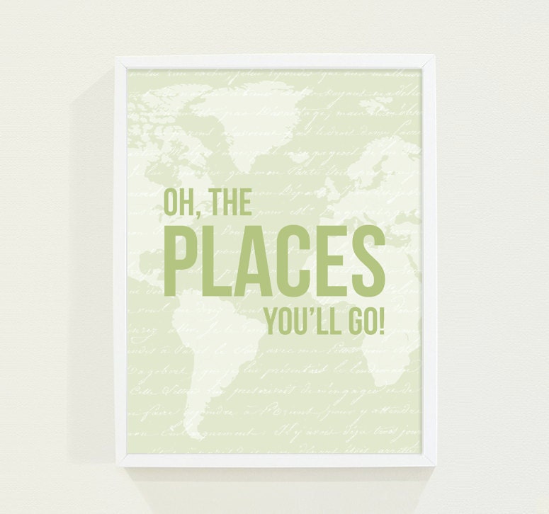 Sage Green Modern Baby Nursery Art - Oh, The Places You'll Go - Map Nursery Decor Wall Art Poster