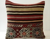 Sukan / Organic Shine Society Modern Bohemian Throw Pillow. Handwoven Wool Vintage Tribal Turkish Kilim Pillow Cover- 16x16 inch