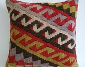 Sukan / Organic Shine Society Modern Bohemian Throw Pillow. Handwoven Wool Vintage Tribal Turkish Kilim Pillow Cover. Purple, Orange, Red