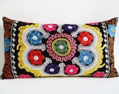 Sukan / Embroidered Suzani Velvet Pillow Cover - 14x24 inch - Black Orange Pink Blue White Purple Yellow Red Brown Green Color