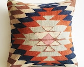 Sukan / Handwoven Vintage Turkish Kilim Pillow Cover, Decorative Pillows, Accent Pillow, Throw Pillow,  16x16 inch Navy Blue, Cream