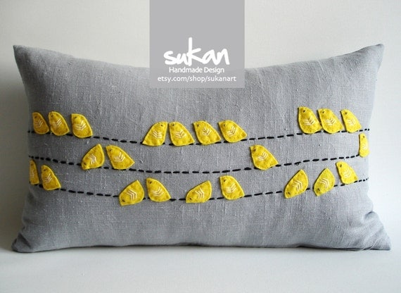 Sukan / Love Birds Linen Pillow Cover - 12x20 inch Yellow, Gray, White