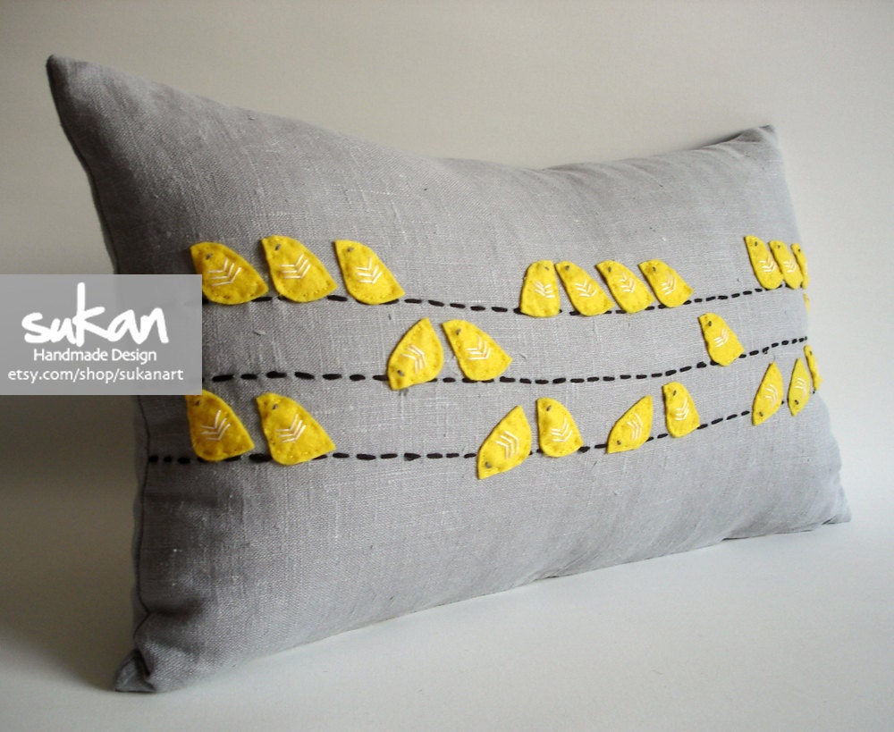 Sukan / Love Birds Linen Pillow Cover Gray Yellow - lumbar pillow cover -  Yellow, Gray, White