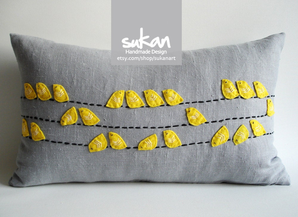 Sukan / Love Birds Linen Pillow Cover Gray Yellow - lumbar pillow cover -  Yellow, Gray, White