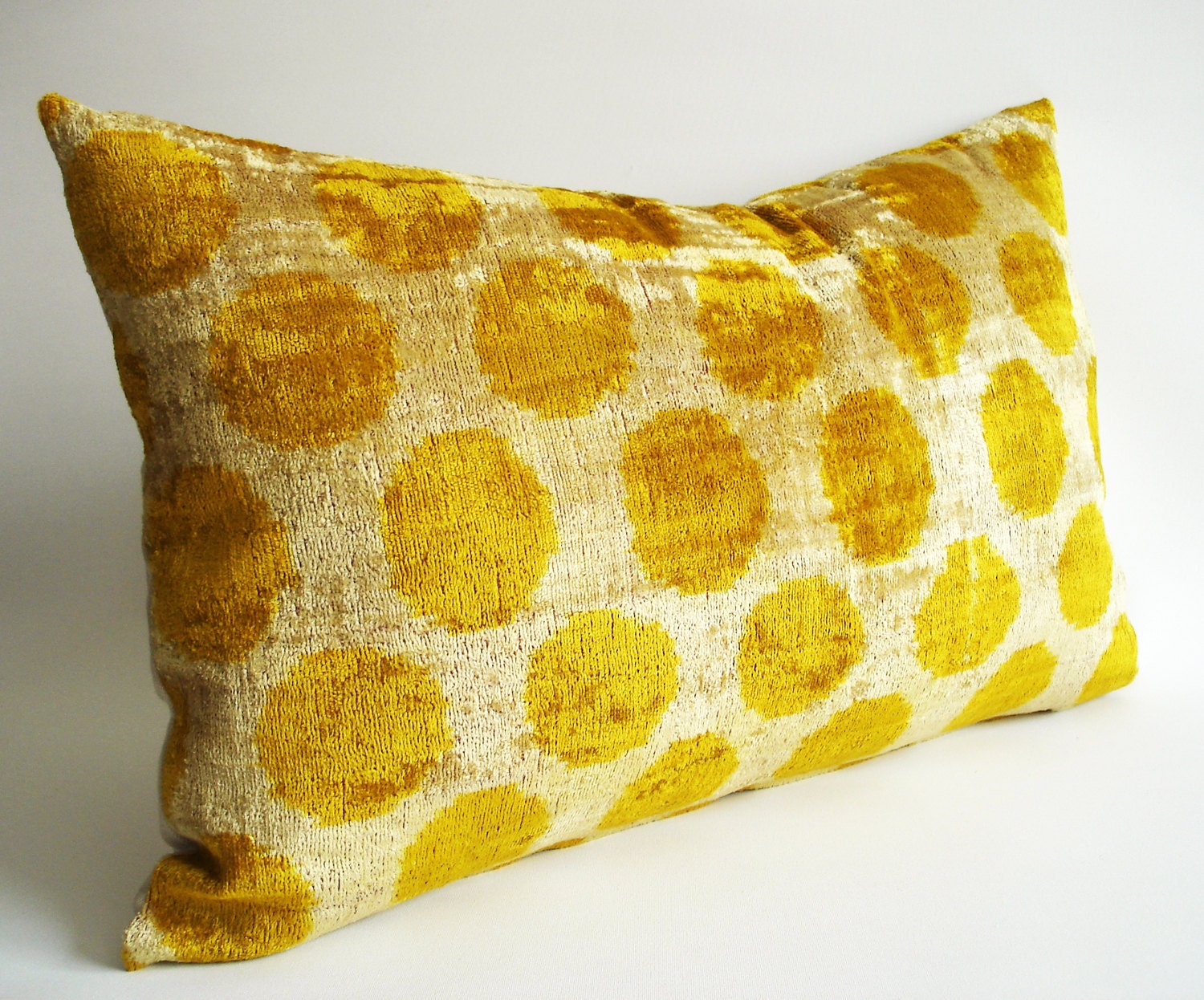Sukan / SALE, Handmade Silk Velvet Ikat Lumbar Pillow Cover Yellow Beige - lumbar pillows - throw pillow cover - decorative pillow cover