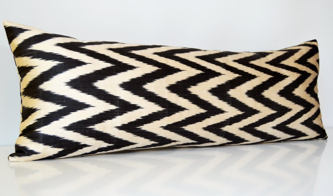 Sukan / Handwoven Original Back-Front Silk ikat Bolster Pillow Cover - Black, Dark Gray, Cream, Beige, Ivory
