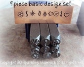 basic metal steel  DESIGN STAMP SET for stamping jewelry  - you get 9 basic pieces at a discount price - in a box too