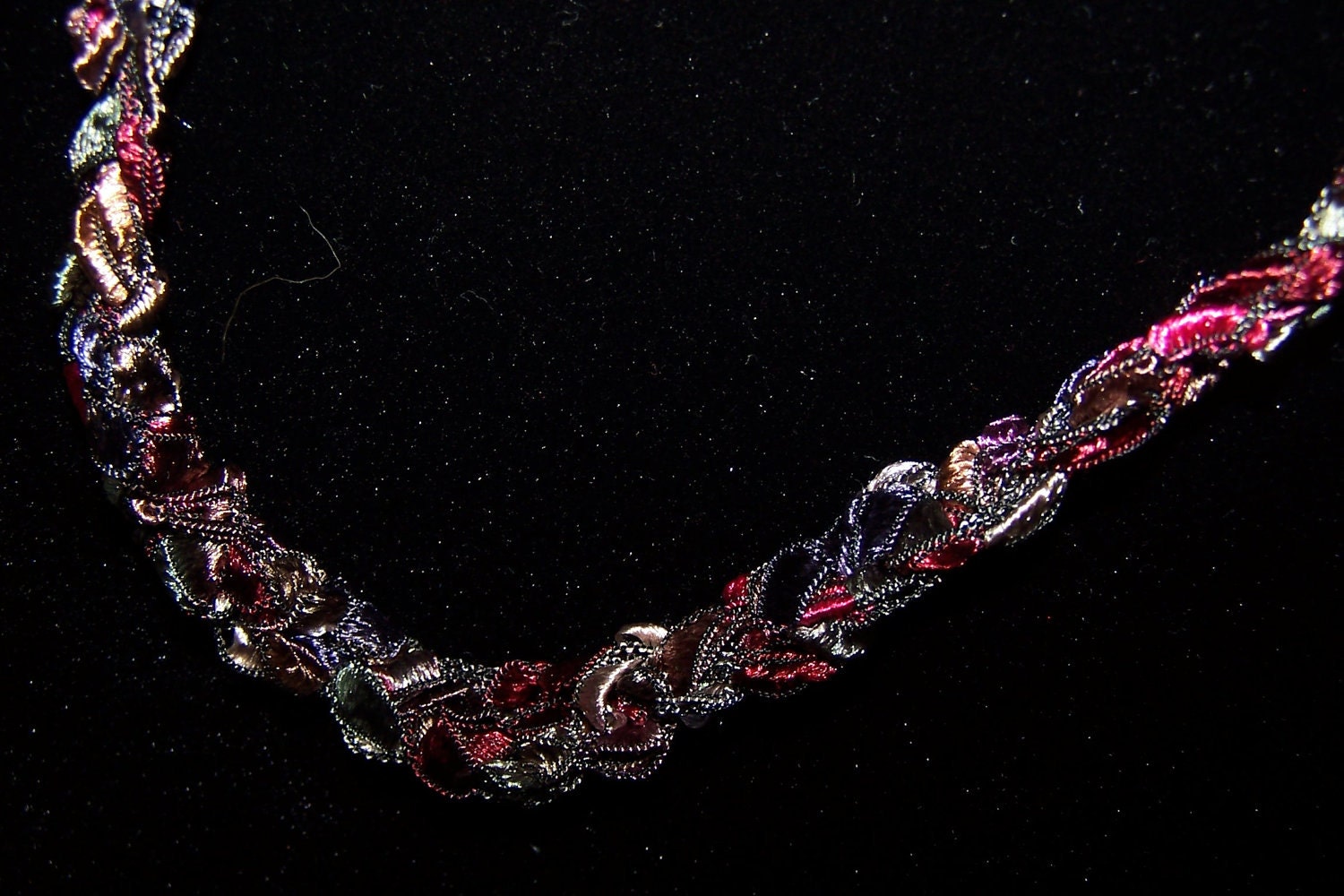 Pink, Burgundy, and Gray Braided Crochet Necklace in Ladder Ribbon Yarn / Handmade Crochet Jewelry for Women