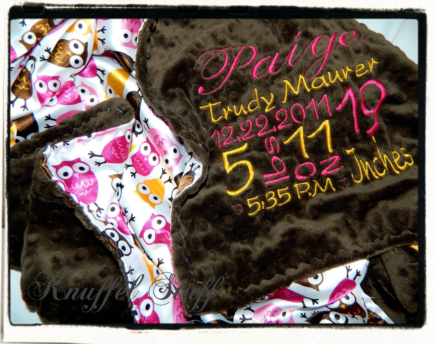 Minky Blanket - Personalized baby blanket - brown minky dot with pink owl satin- 30x36"
