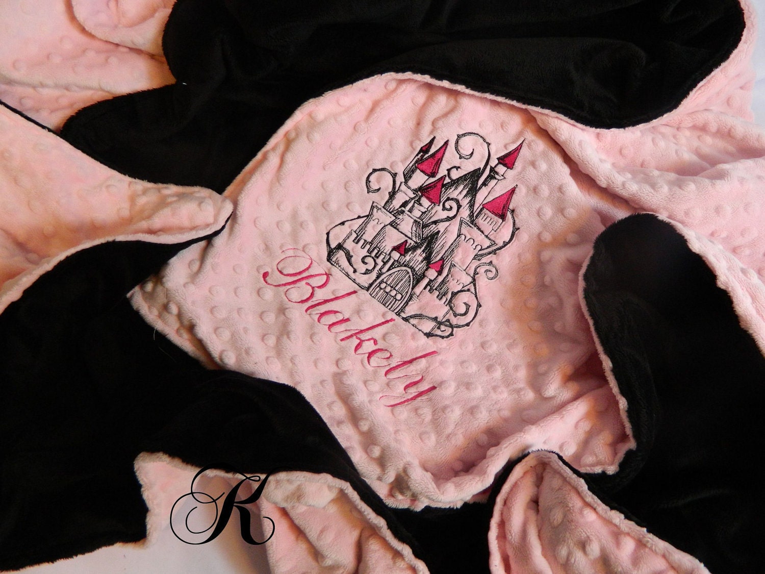 Minky Blanket - Personalized baby blanket -  Blush minky dot with black minky- 30x36"