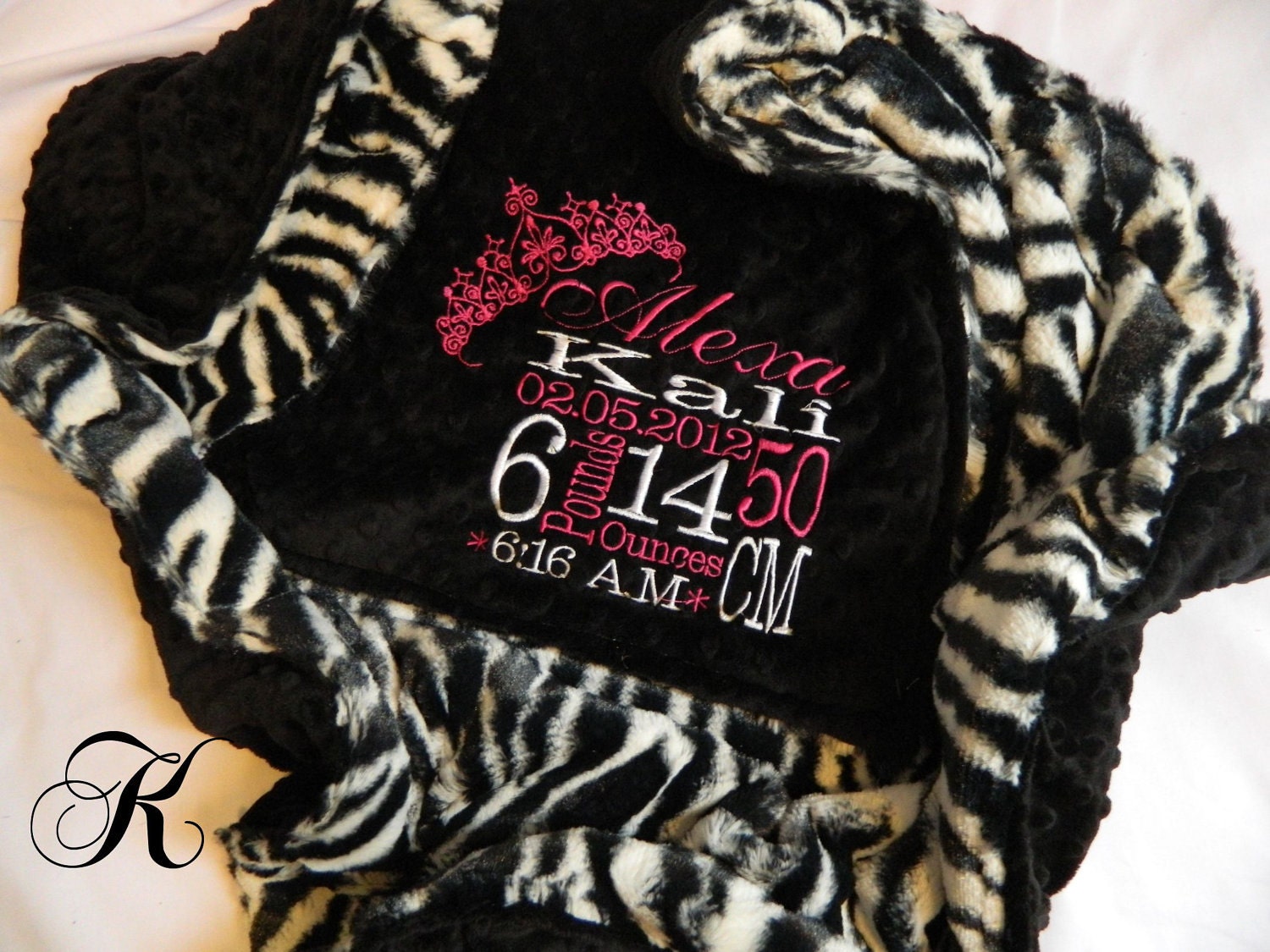 Minky Blanket - Personalized baby blanket - Black minky dot with Zebra print minky - 30x36"