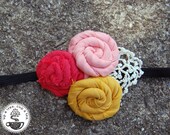 Mona - Peach, Poppy, and Goldenrod Tri-Rosette Headband with Vintage Lace