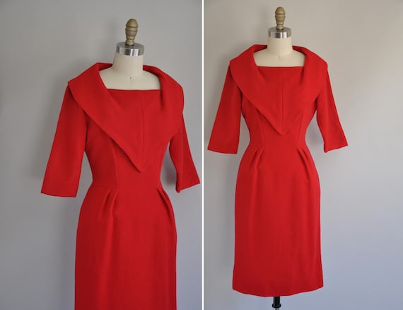 r e s e r v e d...1950s cocktail dress / vintage 50s red hot wiggle dress / She's On Fire