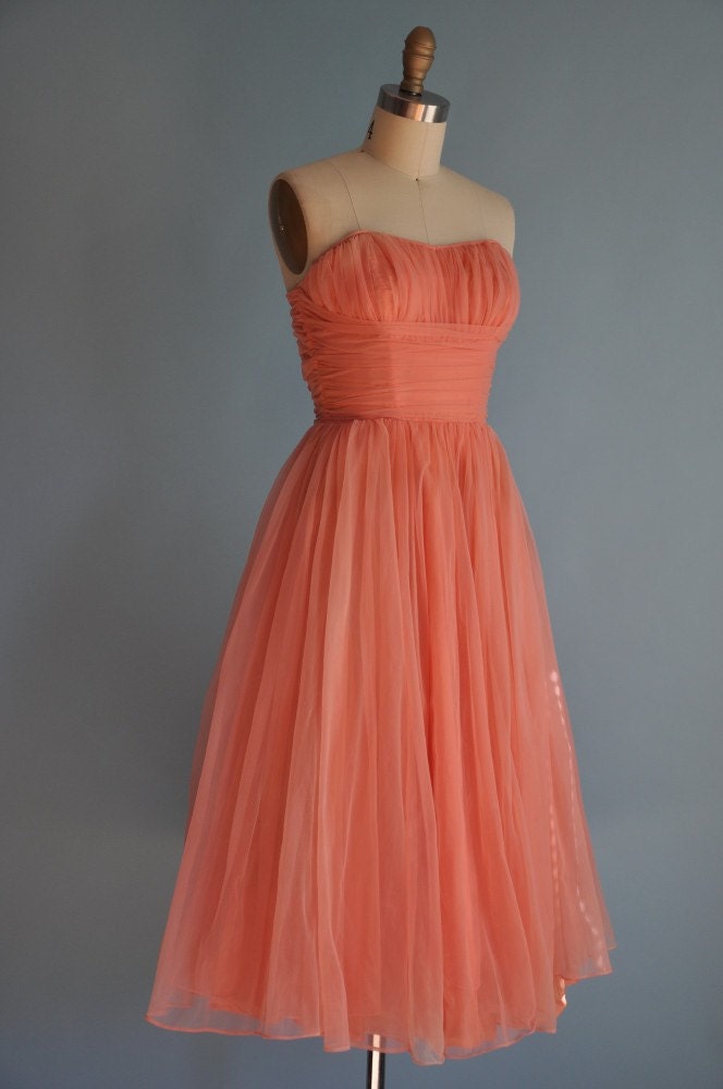 24hr 20 percent off shop SALE..was 235...vintage early 1950s pink SWEETHEART chiffon party dress