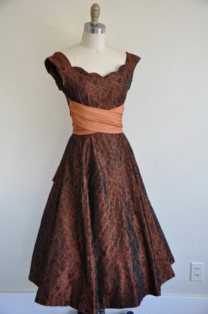 r e s e r v e d...vintage 1950s cocktail dress/  1950s 50s jacquard cocktail dress/ Bronze Beauty