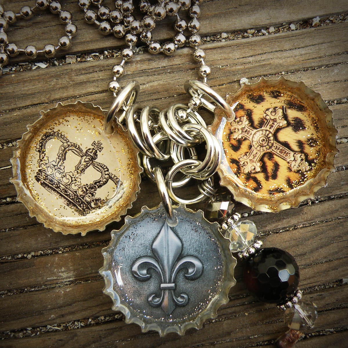 Rustic Glam Themed Bottle Cap Necklace