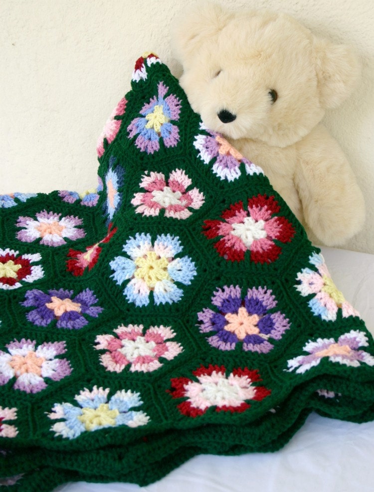Granny hexagons afghan crochet flower throw scrap yarn lap blanket pink blue yellow white red green washable warm winter coverlet