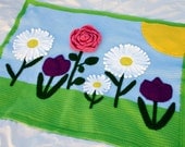 Crocheted afghan flowers throw blanket scene spring daisy tulip rose sun green pink purple blue white yellow pretty home decor