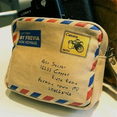Korea Beige Airmail Envelope print zipper pouch camera case LOMO pocket