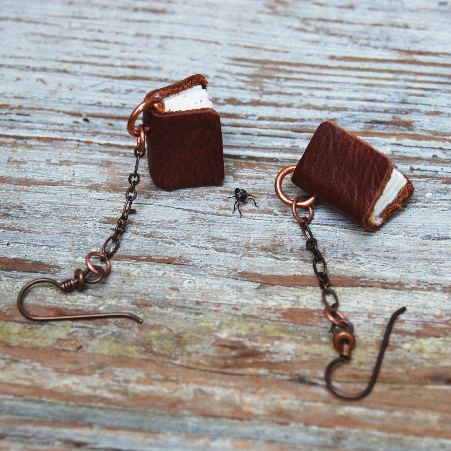 Book Earrings: Classic, brown, reclaimed leather.