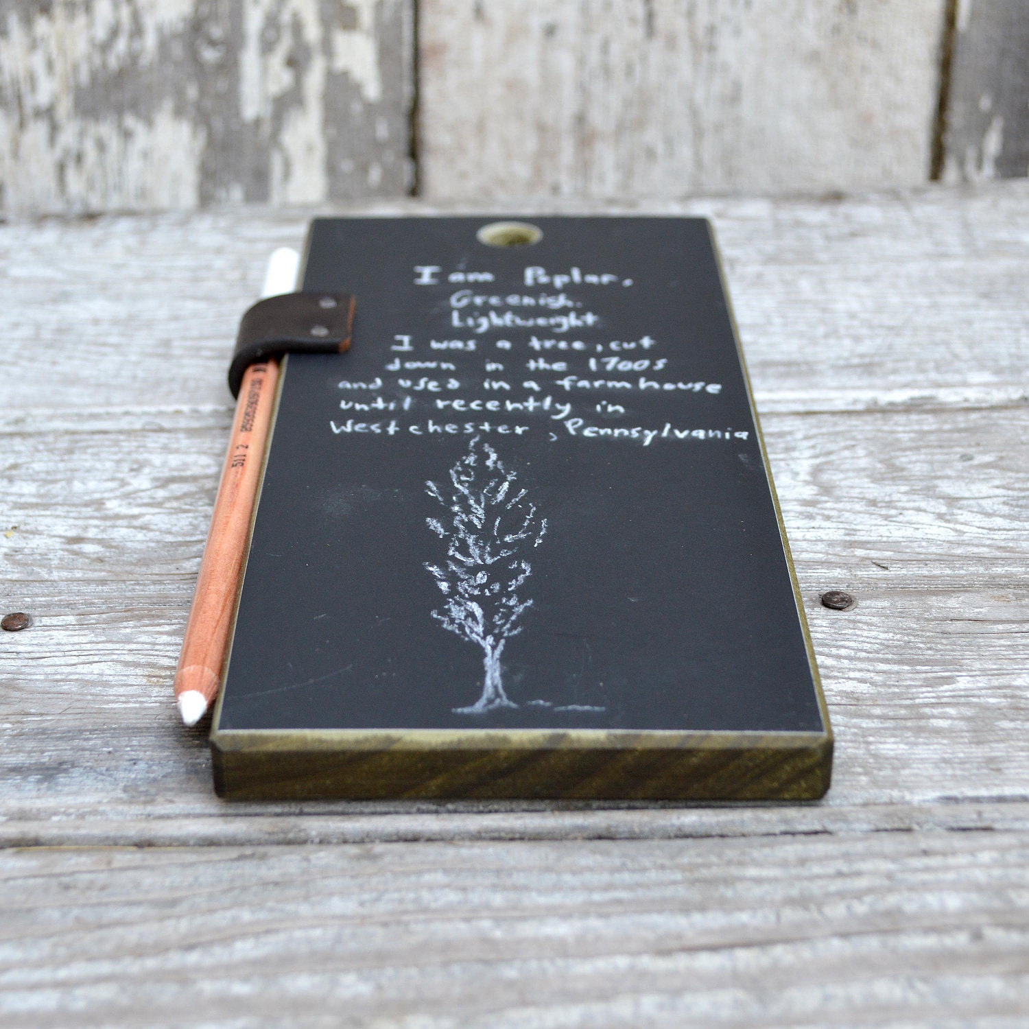 Chalkboard Tablet: Reclaimed Poplar and leather.