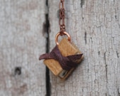 Book Necklace: Small, golden and plum, reclaimed leather.