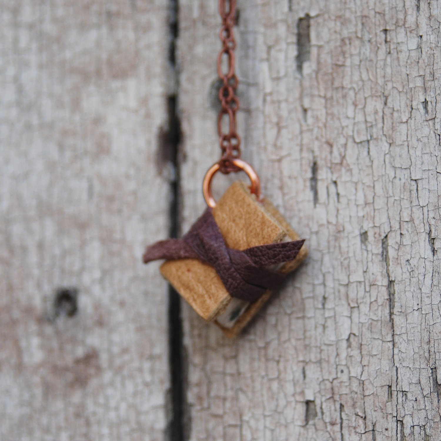 Book Necklace: Small, golden and plum, reclaimed leather.