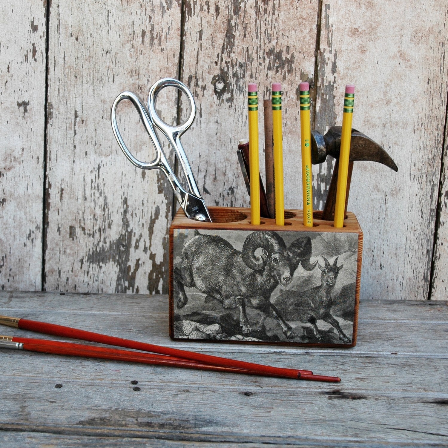Ram mama and baby - medium sized desk caddy from reclaimed pine and paper - 1800s