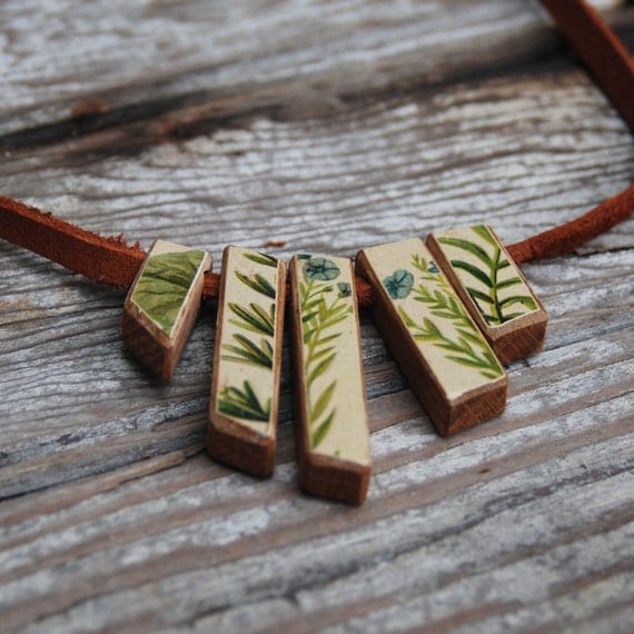 Green and Blue Botanical Necklace: Reclaimed Oak and Leather, Chromolithograoh from 1800s.