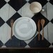 Kitchen Table Maurice de Sully: Puzzle Table, reclaimed oak, milk paint checkerboard.