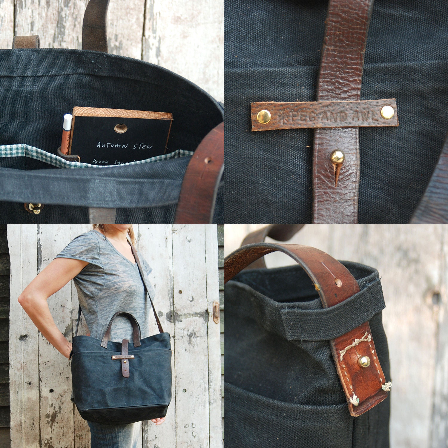 Waxed Canvas Tote: Coal, antique leather and fabric detail.