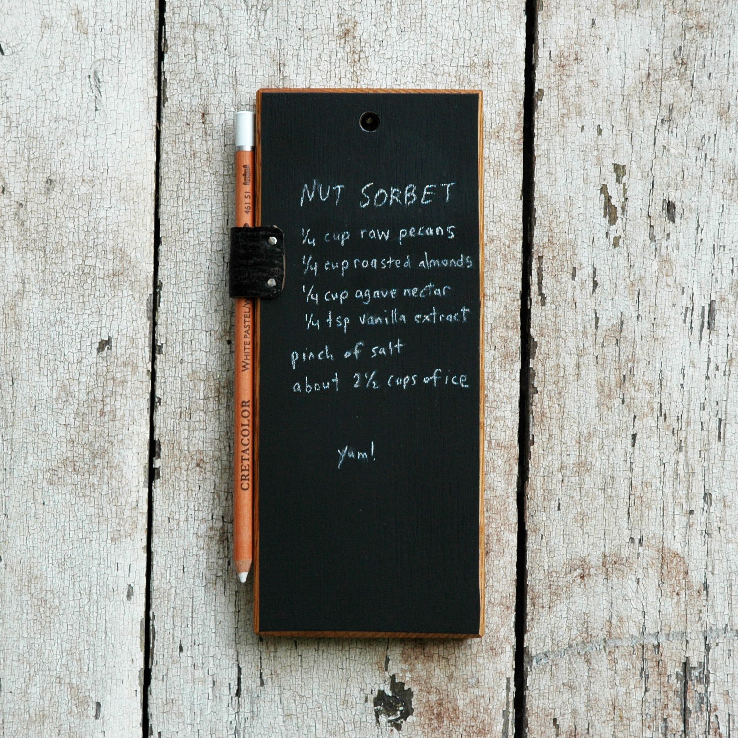 Chalkboard Tablet: Reclaimed wood and leather.